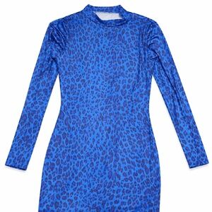 NWT SHEIN Blue Leopard Print Bodycon Dress | Stretchy Long Sleeve | Women L
